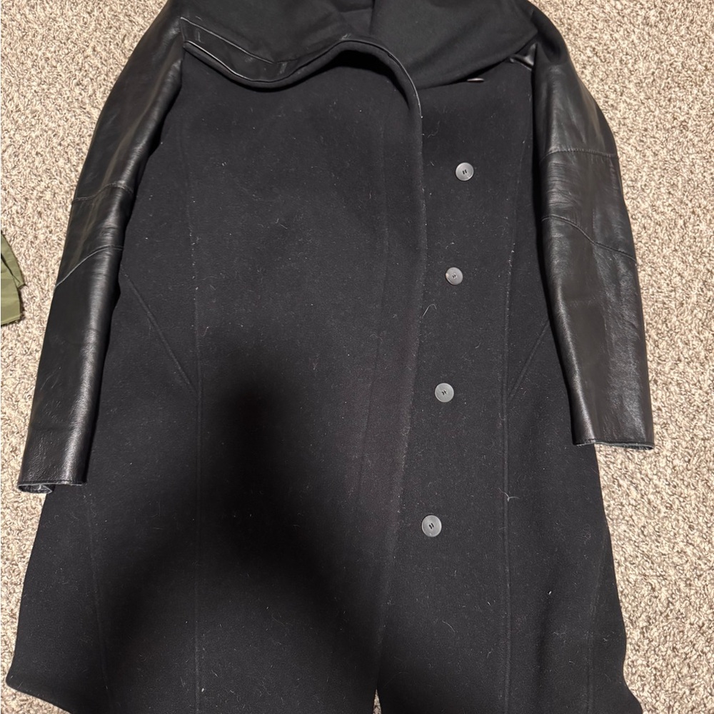 HELMUT LANG Black Wool Blend Overcoat with Lamb Skin Detail